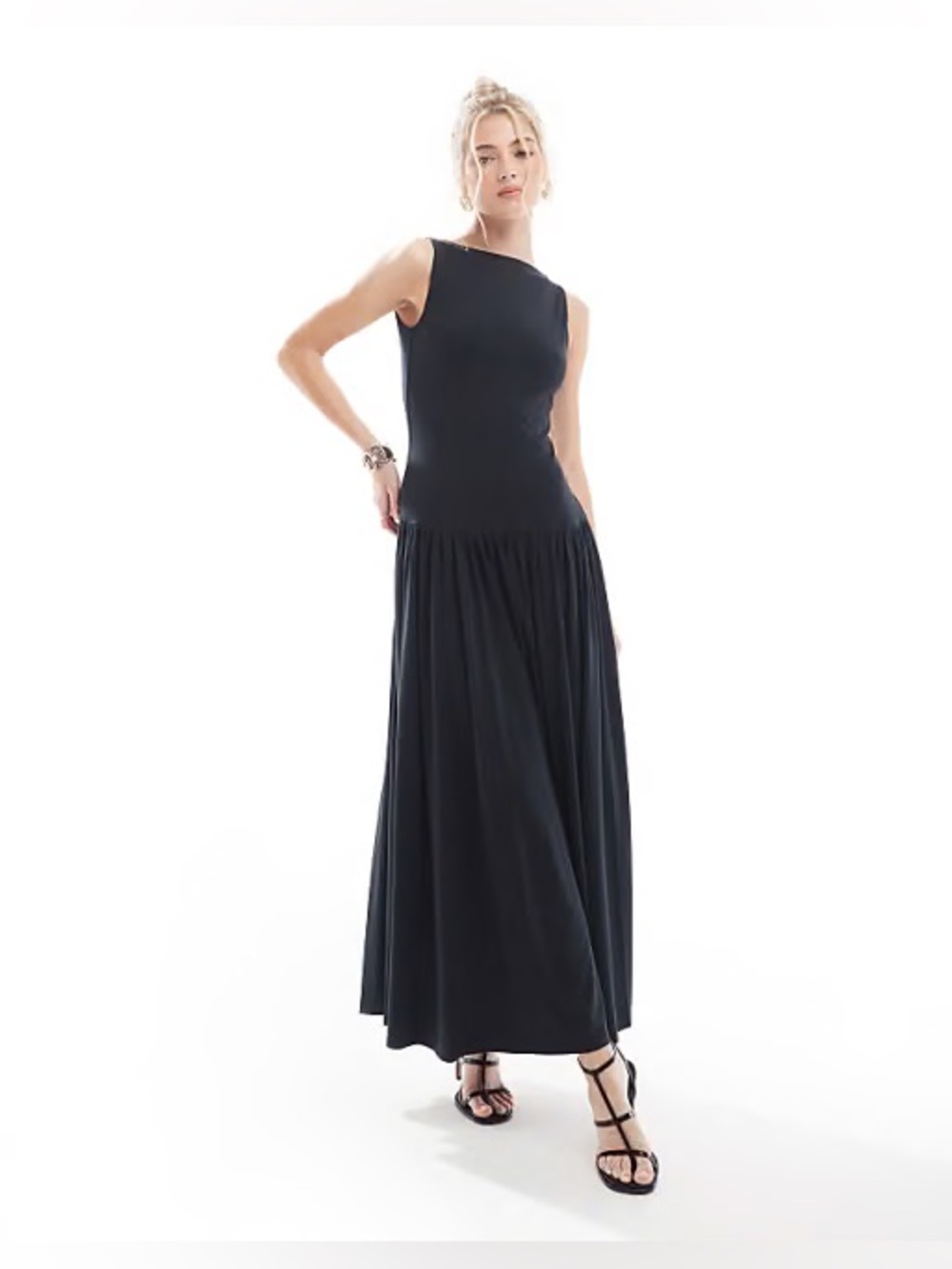 Abercrombie & Fitch Modal-Blend Sleeveless Drop Waist Black Maxi Dress.